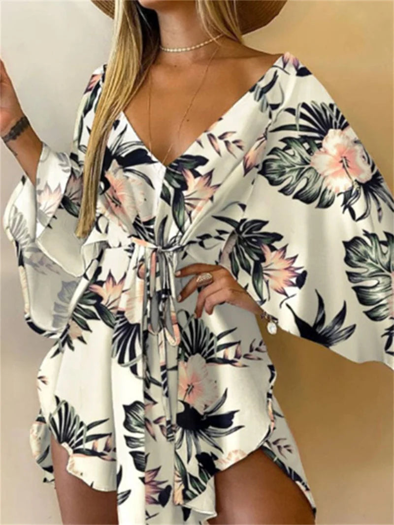 Monstera Flower Print Bohemian Beach Sundress