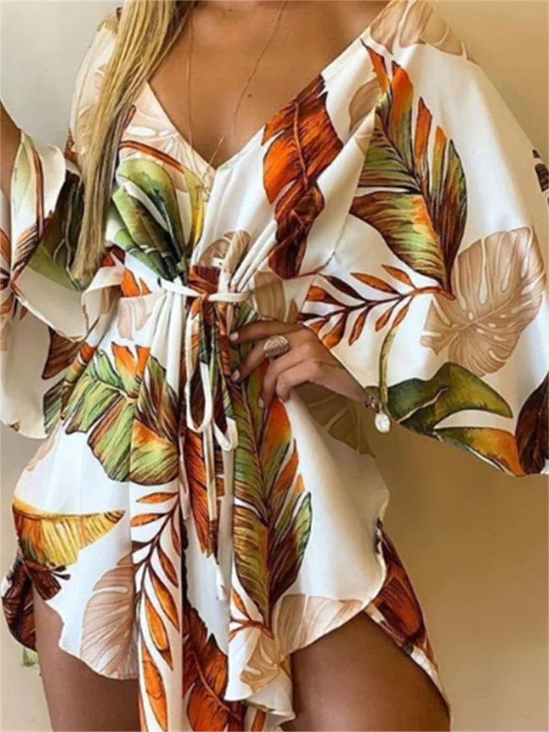 Monstera Flower Print Bohemian Beach Sundress