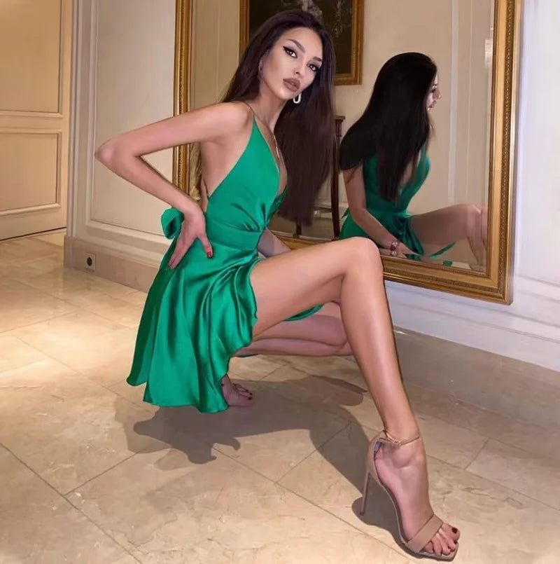 Satin Backless V-Neck Mini Dresse