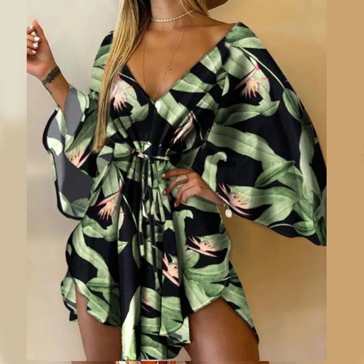 Monstera Flower Print Bohemian Beach Sundress