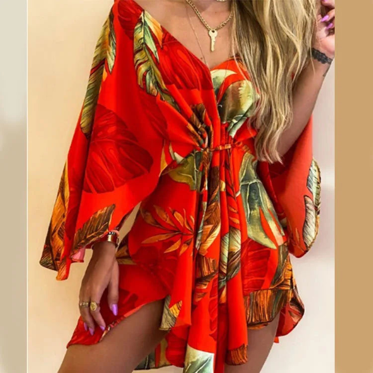 Monstera Flower Print Bohemian Beach Sundress