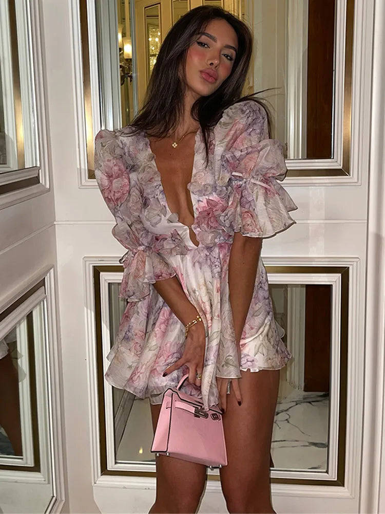Floral Printd Lace Patchwork Sling Mini Dress