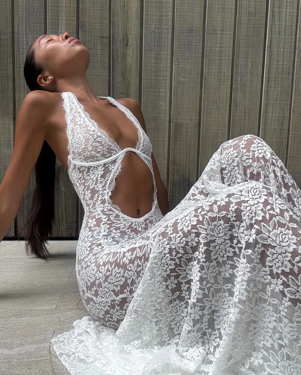 Sexy White Lace Hollow-out Halter Dress