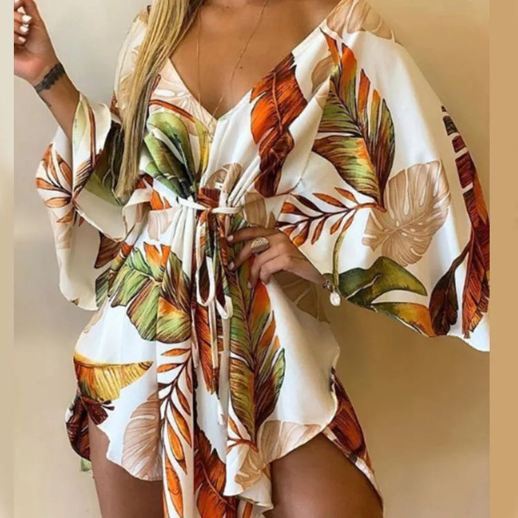 Monstera Flower Print Bohemian Beach Sundress