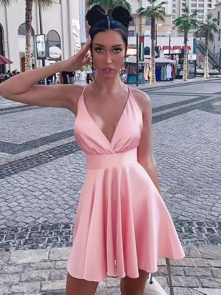 Satin Backless V-Neck Mini Dresse