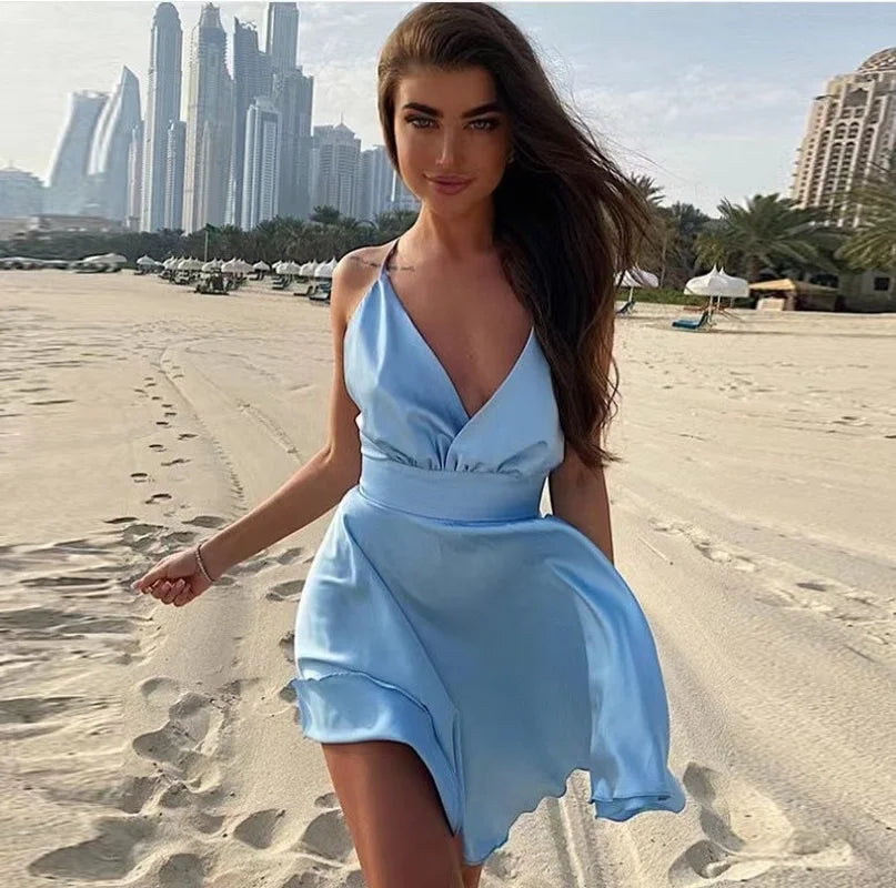 Satin Backless V-Neck Mini Dresse