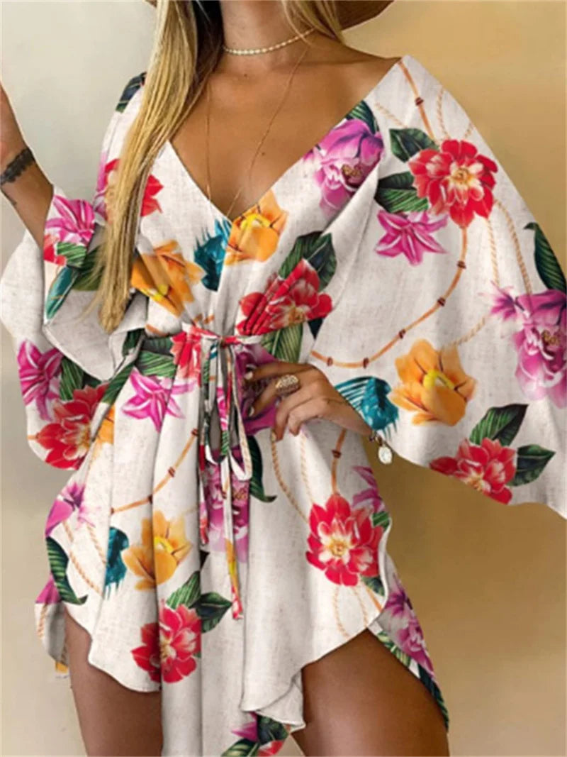 Monstera Flower Print Bohemian Beach Sundress