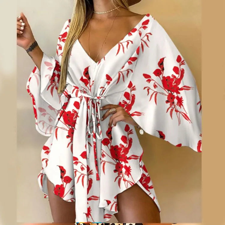Monstera Flower Print Bohemian Beach Sundress
