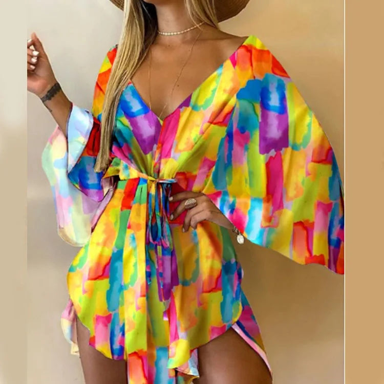 Monstera Flower Print Bohemian Beach Sundress