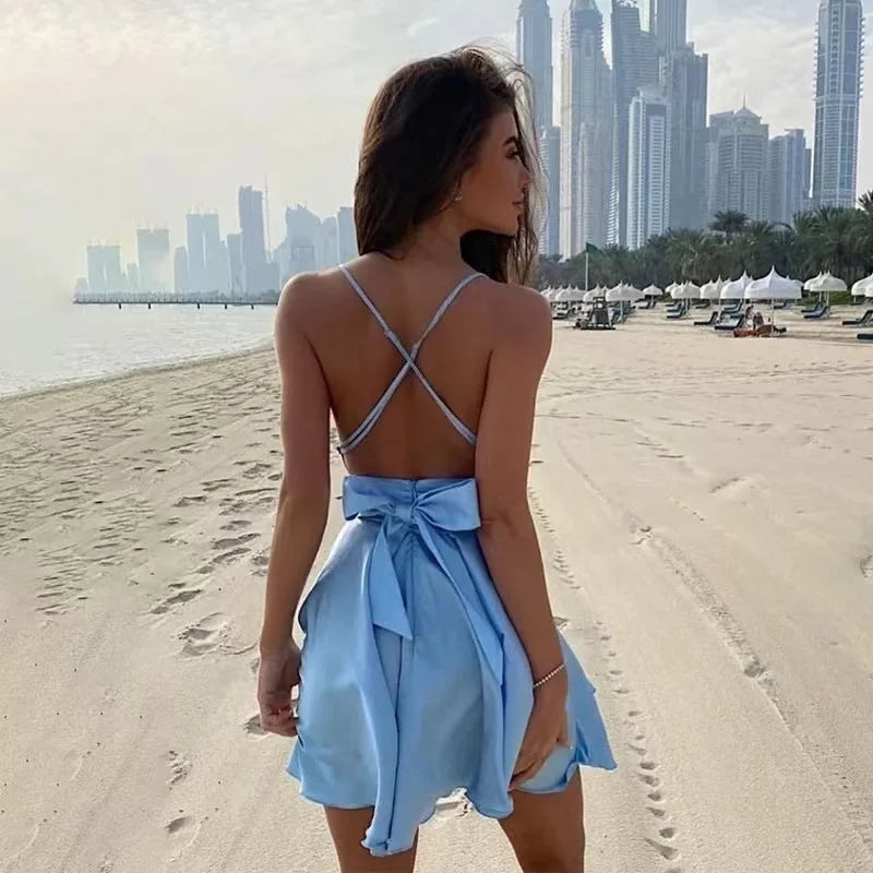 Satin Backless V-Neck Mini Dresse