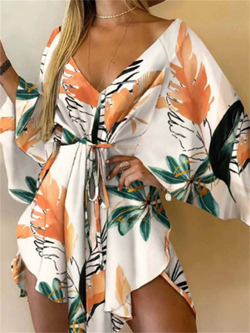 Monstera Flower Print Bohemian Beach Sundress