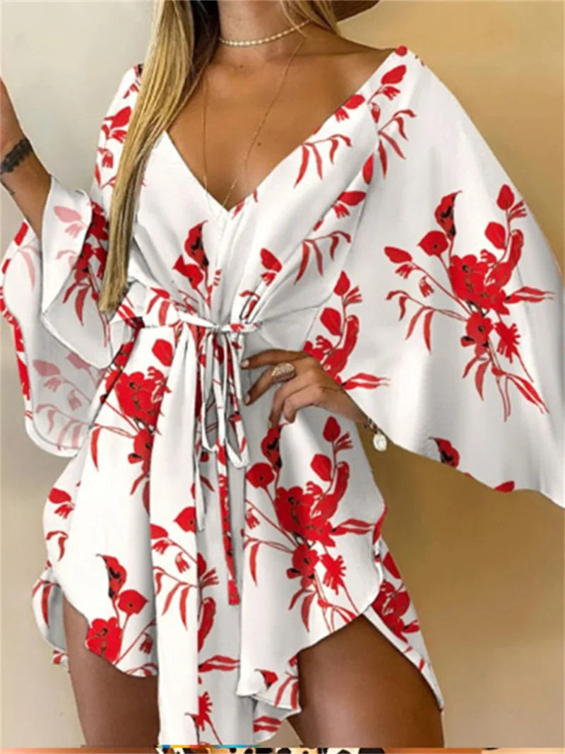 Monstera Flower Print Bohemian Beach Sundress