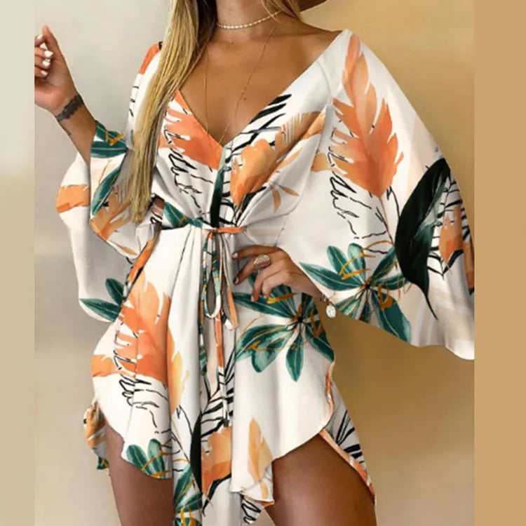 Monstera Flower Print Bohemian Beach Sundress